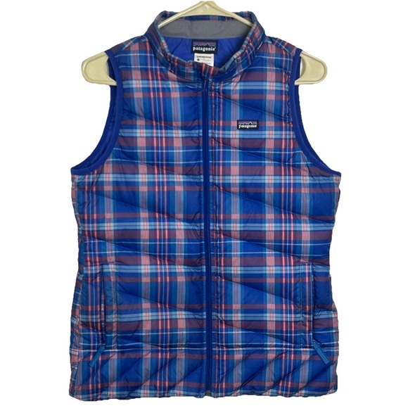 Patagonia Goose Down‎ Blue Plaid Puffer Vest Girls Size XL (14)
